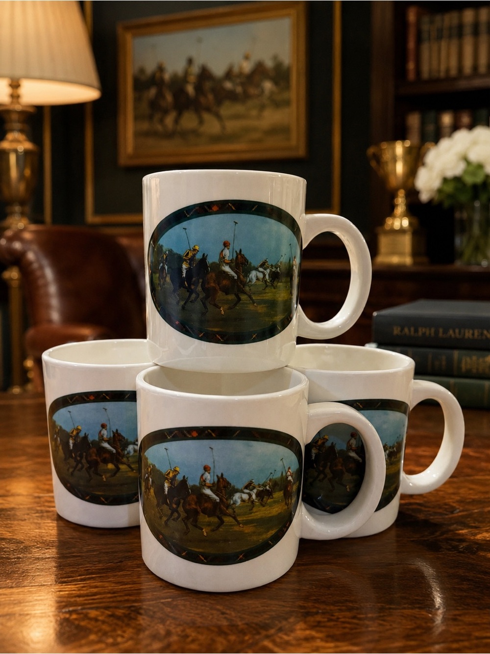 Ralph Lauren Vintage White Ceramic Coffee Mugs with Polo Match Scene Set of 4